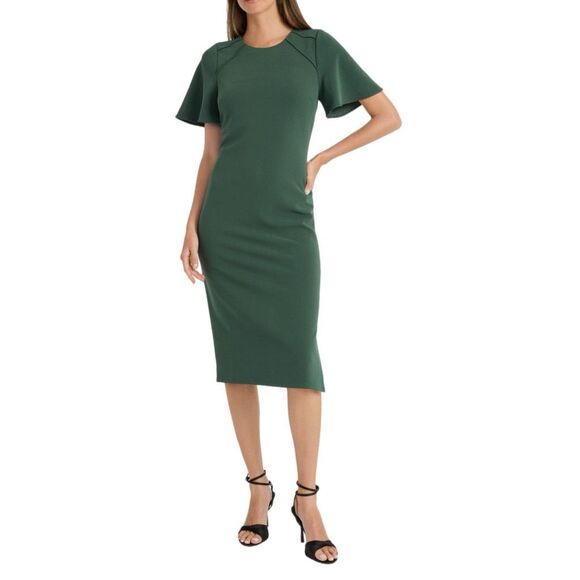 NWT Maggie London flutter sleeves green sheath midi dress Size 2 - Picture 2 of 13